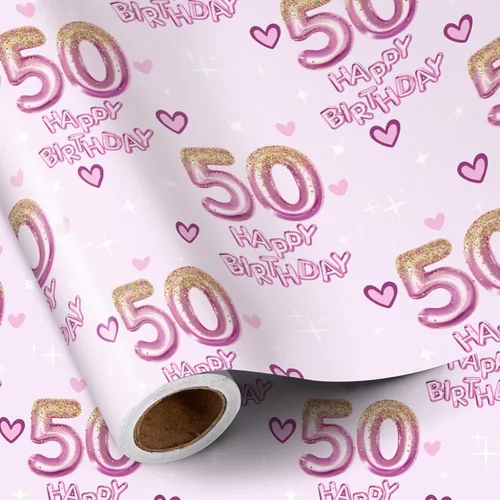 Miniatura 27 de RUSPEPA Papel de regalo de cumpleaños número 15 para niña, corazones y globos rosas del número 15, diseño de feliz cumpleaños, 15 años, mini rollo