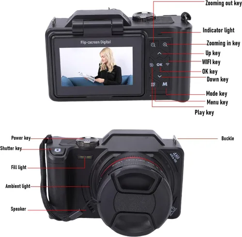 Miniatura 4 de EBTOOLS Cámara digital 4K, 64Mp, pantalla abatible de 3 pulgadas, rotación de 180, zoom digital 18X, enfoque automático, grabación de video, gran