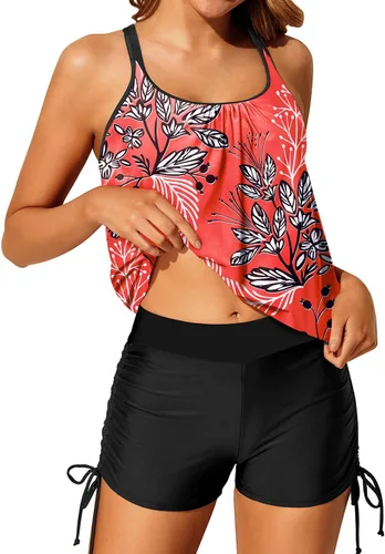 Miniatura 3 de Yonique Traje de baño tankini de dos piezas con tirantes delgados para mujer con pantalones cortos cruzados