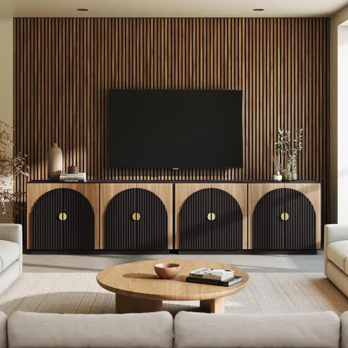 Miniatura 34 de BELLEZE Aparador Modular Acanalado Buffet con Almacenamiento, Mesa Consola Moderna de Mediados de Siglo con Puertas Arqueadas Simétricas, Elegante