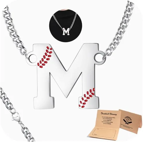 Miniatura 16 de QINJIEJIE Collar de béisbol inicial A-Z con letras, accesorios deportivos, colgante de encanto de béisbol, joyería de cadena de acero inoxidable 2-P