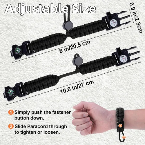 Miniatura 2 de Pulsera de cuerda de paracaídas de supervivencia ajustable, paquete de 2 kits de inicio de fuego de emergencia con silbato fuerte, brújula, luz