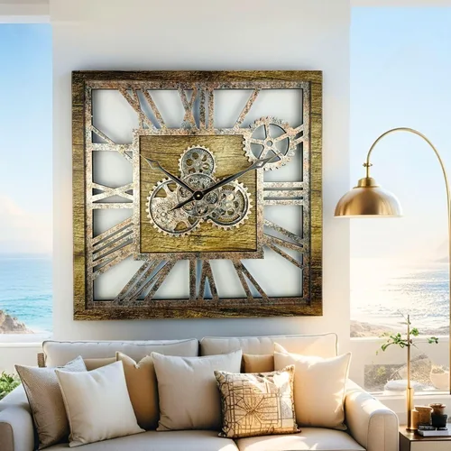 Miniatura 4 de ImprovingLife The Gears Clock - Reloj de pared cuadrado con engranaje móvil real de 24 pulgadas, estilo vintage, industrial, de gran tamaño, oro