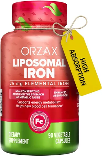 ORZAX Suplemento de hierro de 25 mg, tecnología liposomal, alta biodisponibilidad, 90 cápsulas vegetales, ayuda a la producción de nuevas células