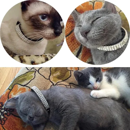 Miniatura 7 de Collar ajustable seguro para gatos CHUKCHI de terciopelo suave Adorno ostentoso de diamante con campanas de 11 pulgadas para perros pequeños y Negro