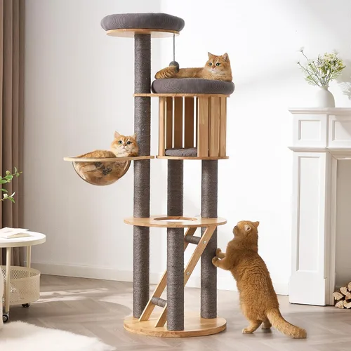 Miniatura 15 de Árbol Moderno de Madera Maciza para Gatos Adultos Grandes de Interior, Torre para Gatos de 50 Pulgadas de Alto con Postes Rascadores de Sisal, 50.0