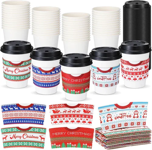 Miniatura 8 de Yungyan Paquete de 50 tazas de café desechables de Navidad de 12 onzas con tapas y mangas, tazas de chocolate caliente de papel, suministros
