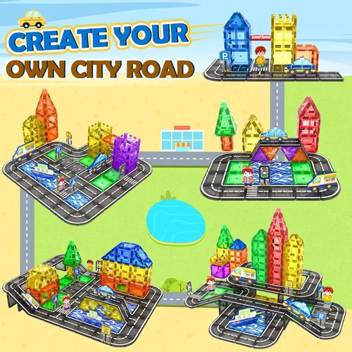 Miniatura 3 de Juego de 112 piezas de azulejos magnéticos para carretera con colores vibrantes y fuerza ultra magnética, bloques de construcción de carreteras