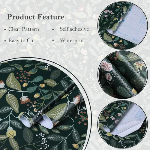 Miniatura 3 de Ismoon Papel tapiz verde para despegar y pegar, diseño bohemio floral y hojas en papel adhesivo grueso, papel adhesivo botánico oscuro, extraíble
