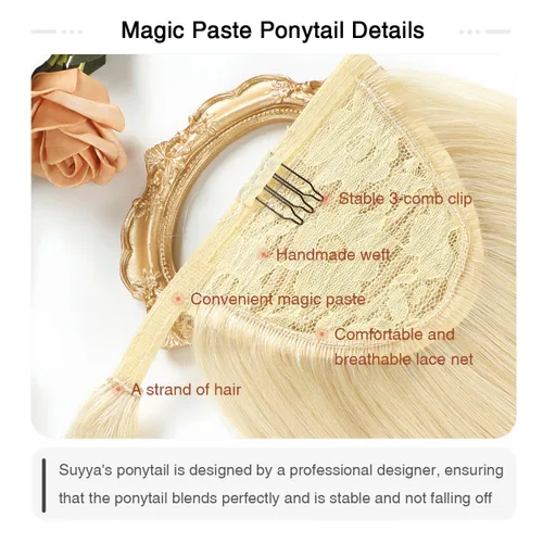 Miniatura 4 de SUYYA Extensión de cola de caballo de cabello humano con clip, extensión de cabello humano lacio con pasta mágica, 2.82 oz, 16 pulgadas, rubio