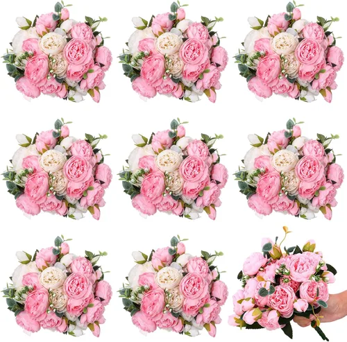 Miniatura 9 de Hoteam 24 paquetes de flores artificiales de peonías artificiales para boda, ramo de peonías de seda, arreglos florales falsos para novia, arreglos