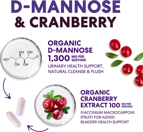 Miniatura 3 de Suplemento de D-manosa – 1,300 mg de manosa D orgánica por porción con extracto de arándano orgánico – Soporte urinario y vejiga natural de acción