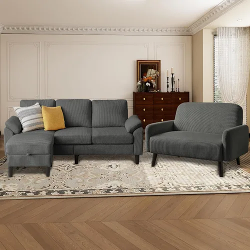 Miniatura 10 de Juego de sofá seccional de corduroy con otomano de almacenamiento y sofá cama, sofá en forma de L de 3 plazas con otomano de almacenamiento oculto