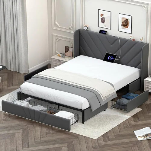 Miniatura 10 de LUCKLIFE Base de cama tapizada con puertos USB y tipo C, cabecera en forma de V, cajones laterales y almacenamiento de estribo de gran tamaño,