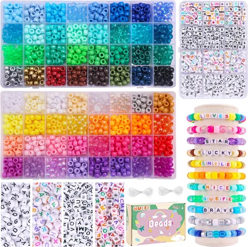 QUEFE 2350 piezas, 64 colores, kit de cuentas de pony para hacer pulseras, kit de pulseras de amistad con cuentas de arcoíris Kandi, cuentas de