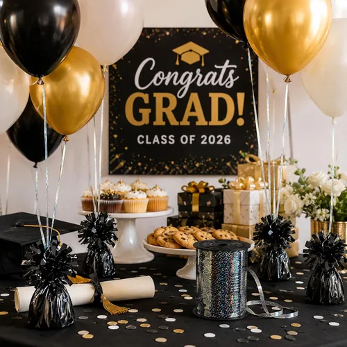 Miniatura 6 de Yunsailing 25 globos metálicos pesados con cinta iridiscente de 500 yardas, anclajes de soporte de globos de 5.3 onzas para globos de helio, Negro