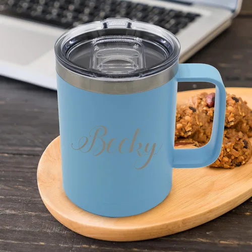 Miniatura 2 de My Personal Memories Taza de café personalizada de 15 onzas con aislamiento y asa y tapa, monograma y grabado con tu texto (azul Carolina)