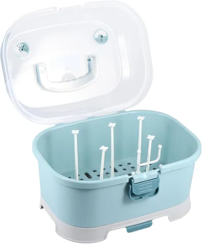 NUOBESTY Estante de secado de biberones con tapa, caja de almacenamiento portátil para biberones, organizador de vajilla para el hogar, cocina, Azul