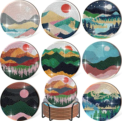 8 posavasos de pintura de diamantes para manualidades, paisaje, bricolaje, 5D, kit de pintura de diamante, posavasos brillantes con soporte,