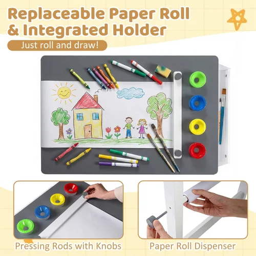 Miniatura 4 de HONEY JOY Juego de mesa y silla de arte para niños, juego de actividades de artesanía de madera con rollo de papel, estante de almacenamiento