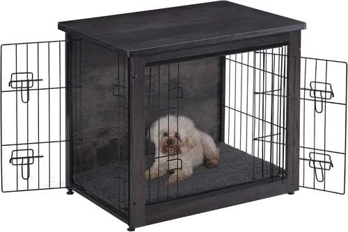 Miniatura 8 de DWANTON Mueble de jaula para perros con cojín, mesa de madera para perros con puertas dobles, casa de perro de interior, tamaño pequeño, mediano