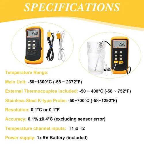 Miniatura 4 de Termómetro digital de termopar de 2 piezas tipo K HVAC de doble canal con 8 termopares de medición de temperatura máxima/min, -50 ~ 2,372.0 °F