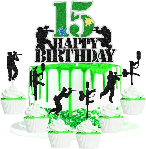 Miniatura 9 de Paintball - Juego de 7 decoraciones para tartas de cumpleaños para niños de 11 años, decoración de juego de disparos con temática de disparos
