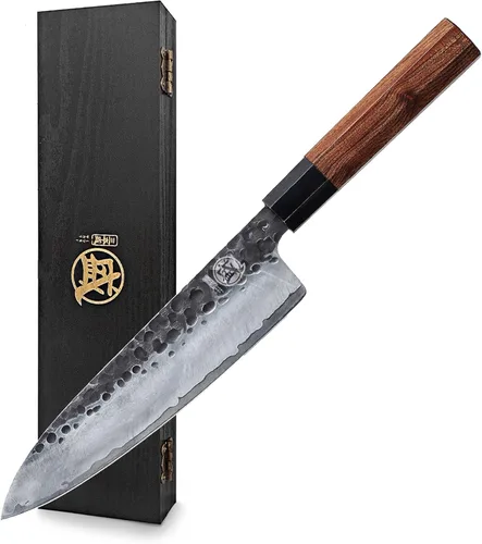 MITSUMOTO SAKARI Cuchillo de chef Gyuto de 8 pulgadas, cuchillos de chef de cocina forjados a mano japoneses, acero de alto carbono 9CR18MOV de 3
