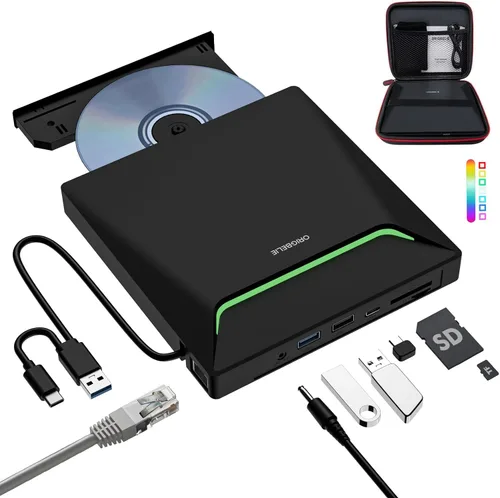 Miniatura 18 de ORIGBELIE Unidad externa de CD y DVD, grabadora de CD USB 3.0 con 2 puertos USB y 2 ranuras para tarjetas TF/SD, unidad de disco óptico