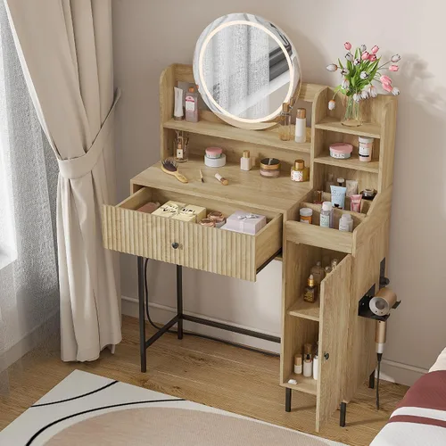 Jluomei Escritorio de maquillaje estriado con espejo y luces, tocador de maquillaje moderno con cajón de almacenamiento, mesa de maquillaje LED con