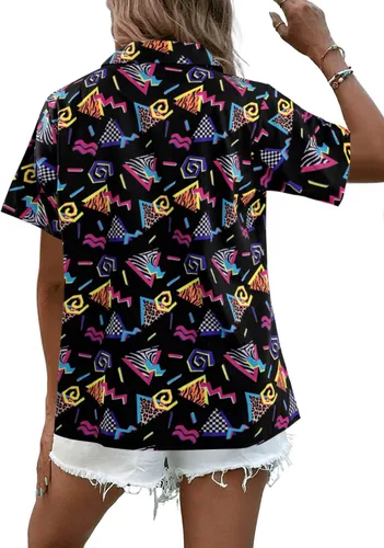 Miniatura 5 de Trajes de los años 80 y 90 para mujer, camisa de discoteca retro para fiesta temática de los años 80, camisa hawaiana de neón con botones y manga