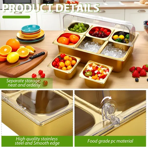 Miniatura 3 de Ziliny Contenedor de exhibición de alimentos para encimera, cubierta superior de rollo transparente, 6 sartenes, acero inoxidable, helado, bufé