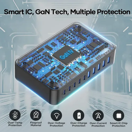 Miniatura 8 de Bloque de Cargador USB C de 10 Puertos, Estación de Carga USB de 450W para Múltiples Dispositivos, 5 Tipo C + 5 USB A Concentrador de Carga GaN PD