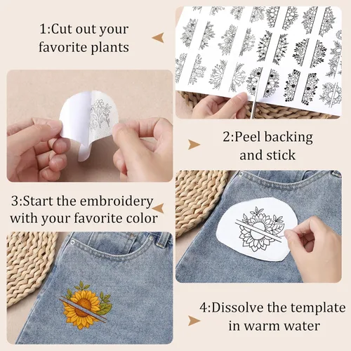 Miniatura 3 de Estabilizador de bordado floral soluble en agua - 4 hojas de papel de bordado pegar y coser que se lava, 40 piezas de papel de transferencia