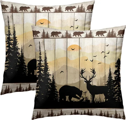 Miniatura 20 de Fundas de Almohada de Bosque de Pinos 22x22 Juego de 2, Fundas de Almohada Decorativas de Árboles de Abeto y Cedro Verde Nieve Beige de Invierno