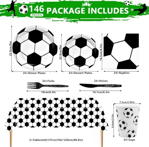 Miniatura 2 de Juego de vajilla de 146 piezas para fiesta de fútbol, platos y servilletas de fútbol, suministros para fiesta, decoración de fiesta de cumpleaños