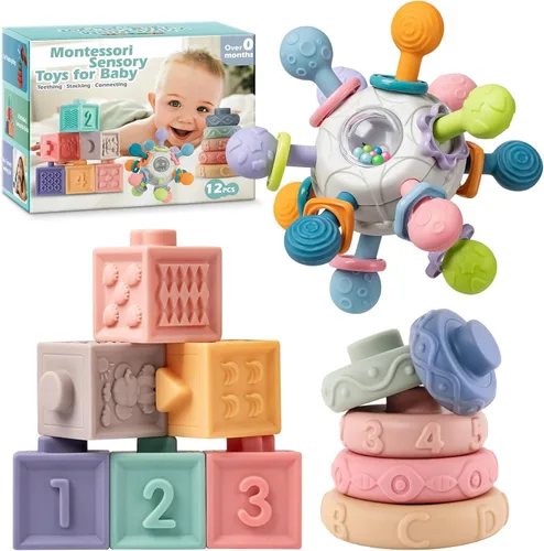 SpringFlower Juguetes Montessori 3 en 1 para bebés de 0-3-6-12 meses, sonajero mordedor y bloques para bebés y anillos blandos apilables, juguetes