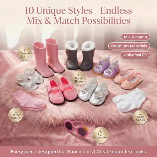 Miniatura 3 de MSYO Juego de 10 zapatos y accesorios de muñeca de 18 pulgadas, 6 pares de calzado de muñeca de moda + 2 pares de calcetines + 1 lentes de sol, se