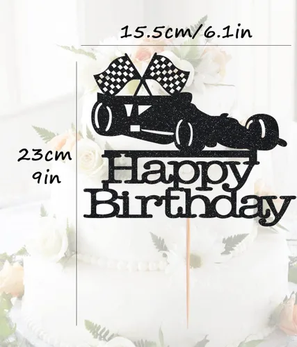 Miniatura 3 de Decoración para pastel de auto de carreras, decoración de pastel de cumpleaños con purpurina negra, decoración de pastel de fiesta de feliz