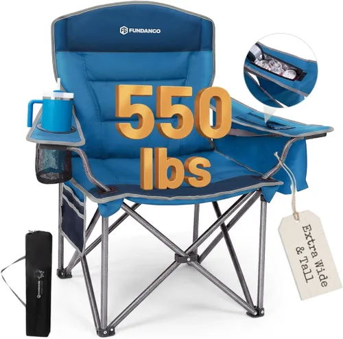 Miniatura 14 de FUNDANGO Silla de campamento de gran tamaño para adultos, silla de césped plegable portátil de servicio pesado con asiento y respaldo acolchados