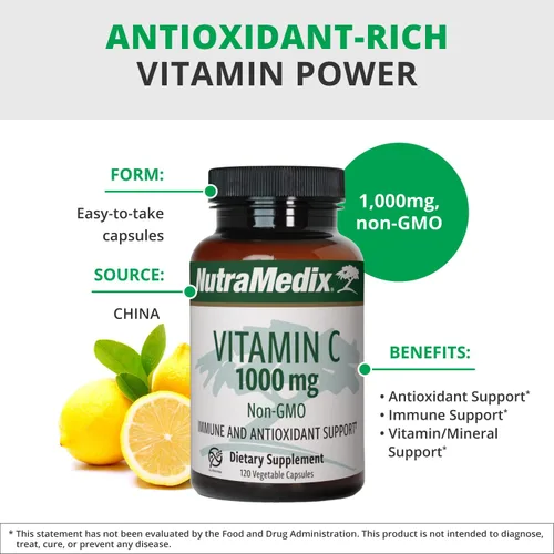 Miniatura 4 de NutraMedix Vitamina C 1000 mg – Suplemento antioxidante para apoyo inmunológico y salud cardíaca – Vitamina C de ácido ascórbico – Vegano, sin OMG