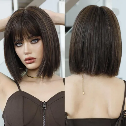 Miniatura 3 de 7JHH WIGS Peluca corta y lacia con flequillo de 12 pulgadas, peluca corta de cabello natural rubio natural con reflejos estilo Bob, cabello Peluca