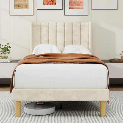 Miniatura 29 de alazyhome - Marco de cama tapizado de plataforma tamaño Queen con cabecera, soporte de listones de madera, sin ruido, fácil montaje, terciopelo beige