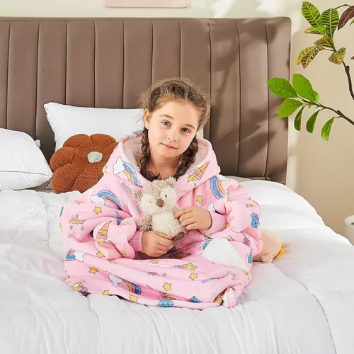 Miniatura 2 de Ramees - Manta con capucha portátil para niños, sudadera de sherpa de gran tamaño, manta de franela con capucha, bolsillo y mangas (arco iris)
