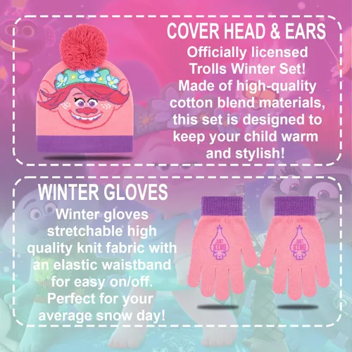 Miniatura 2 de Trolls - Juego de sombrero y guantes para niñas, 2 piezas, sombrero de invierno con guantes de Trolls Poppy para niñas, juego de sombrero y guantes
