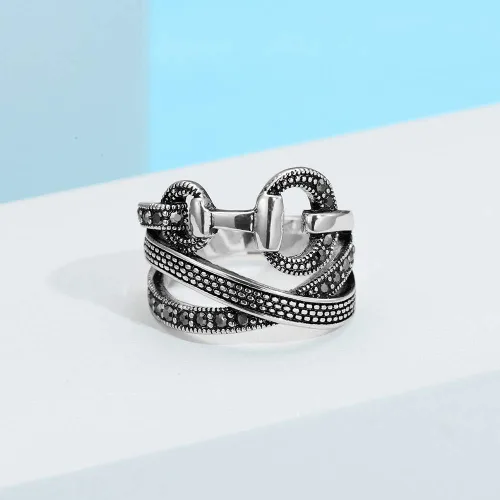 Miniatura 6 de Anillos de oro cruzados para mujer, anillo vintage de plata llamativa, anillos de banda de cristal negro y transparente, regalo de Navidad