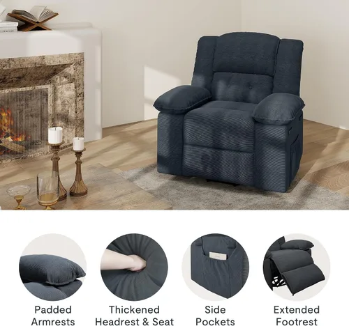 Miniatura 6 de Softa Silla reclinable giratoria para adultos con masaje y calor, sillón reclinable manual giratorio de 360° con bolsillo lateral, silla reclinable