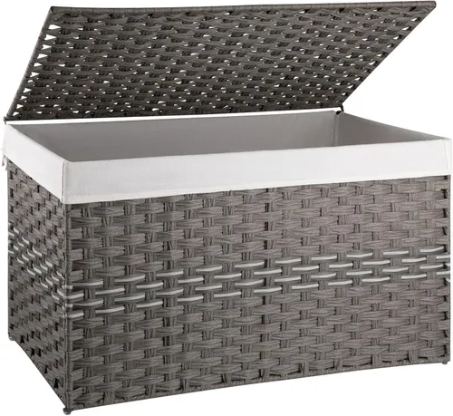 OIAHOMY Cesta de Almacenamiento Grande con Tapa, 42.3 Galones (160L) Cesta para Mantas con Bolsa de Forro Extraíble, Cesto de Mimbre con Asa, Gris
