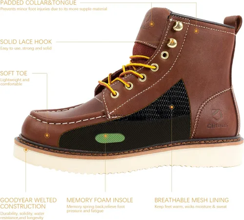 Miniatura 3 de Men's 6" Soft Toe Work Boots Full Grain Leather Moc Toe Waterproof Wedge Sole Comfortable Construction Boots