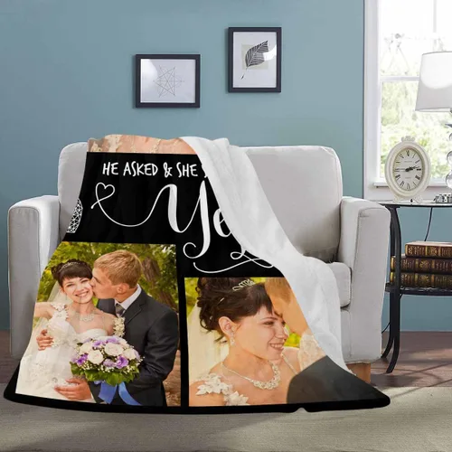 Miniatura 3 de Manta de fotos personalizada, manta de pareja de boda, con texto en inglés «He Asked And She Said Yes», 4 fotos, manta de boda, regalo romántico